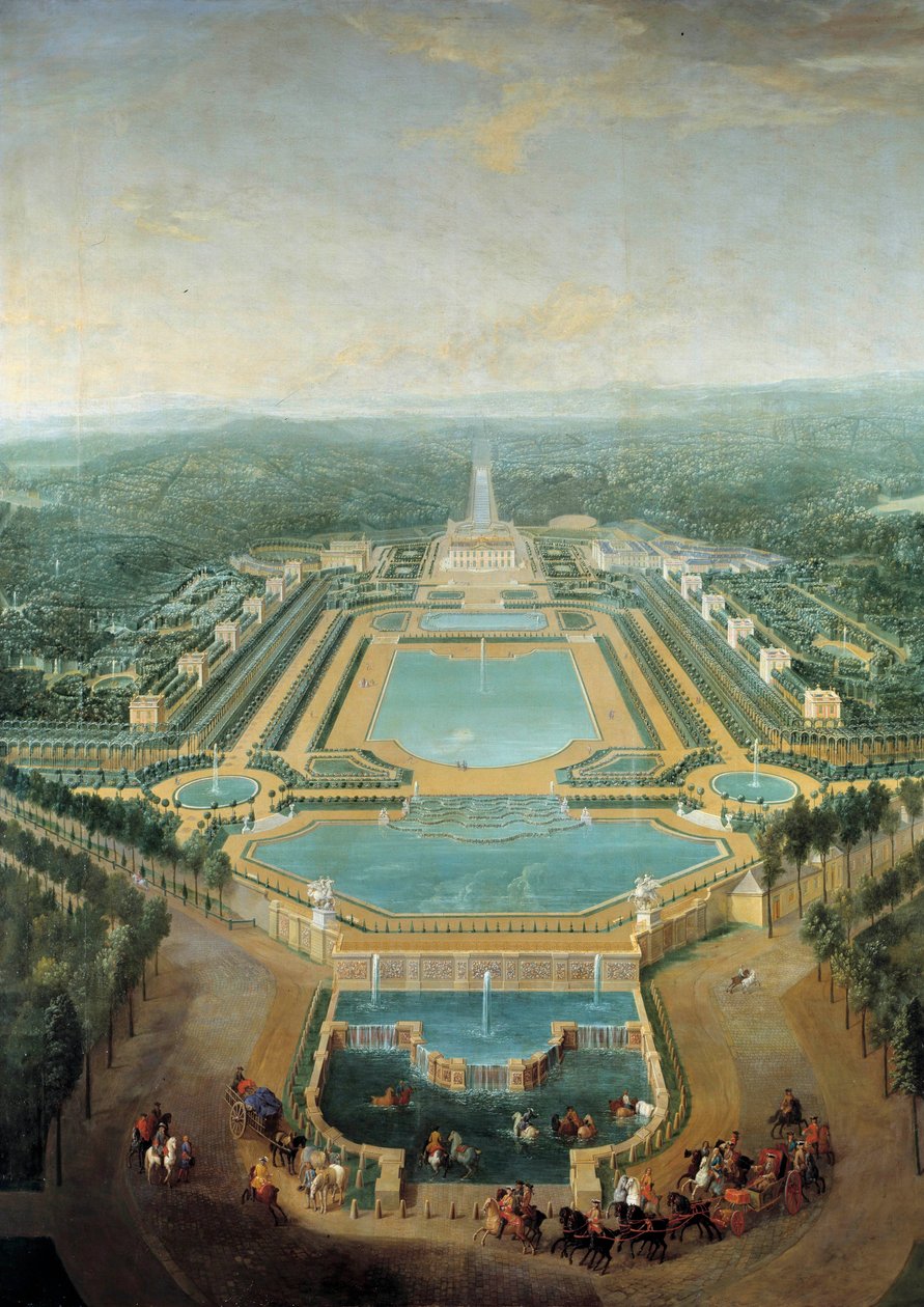 منظر لقلعة مارلي ، الملك لويس الخامس عشر (1710-1774) يمر بعربة أمام حوض السقي. رسم بيير دينيس مارتن (1663-1742) 1724 صن. 2،96 × 2،24 م بواسطة بيير دينيس مارتن