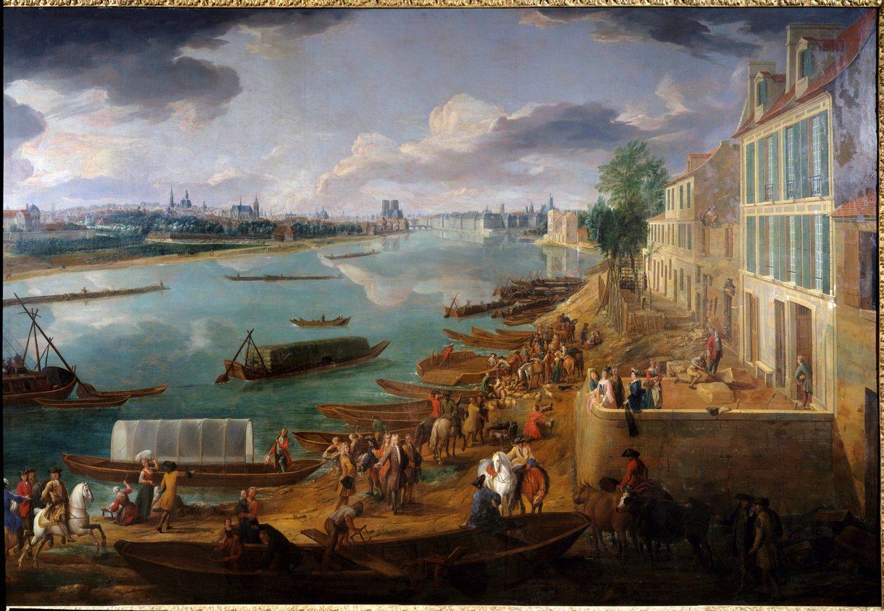 منظر لباريس ، مأخوذ من Quai de la Rapee في عام 1716 تفاصيل القوارب على نهر السين والأنشطة. رسم بيير دينيس مارتن (1663-1742) 1716 صن. 1،7 × 3،15 م باريس ، متحف كارنافالي. بواسطة بيير دينيس مارتن