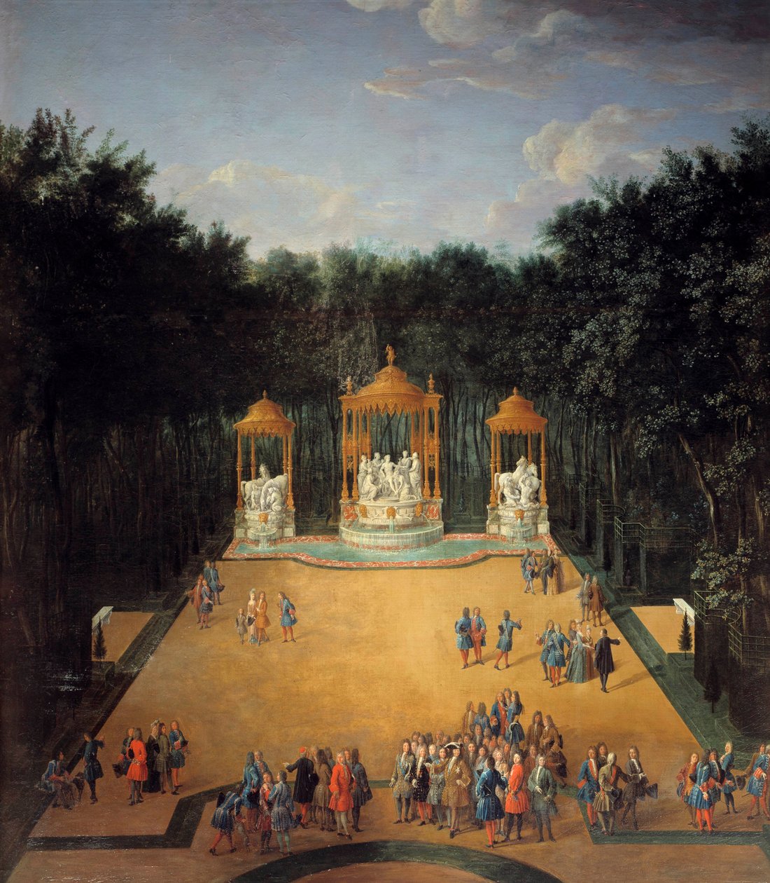 منظر لبستان Bains d'Apollon في حدائق فرساي عام 1713 ، في المقدمة لويس الرابع عشر (1638-1715) يزور لوحة البستان التي رسمها بيير دينيس مارتن (1663-1742) 1714. Dim. 2،6 × 1،8 م بواسطة بيير دينيس مارتن
