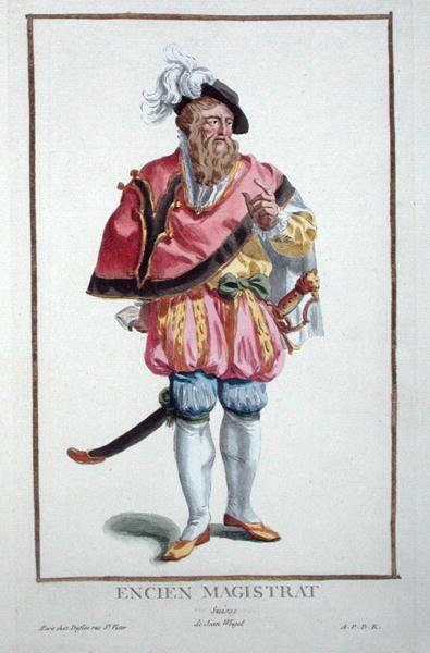 فستان قاضٍ سويسري من 'Receuil des Estampes، Representative les Rangs et les Dignites ، وفقًا لزي كل الدول الموجودة' ، نُشر عام 1780 (نقش ملون يدويًا) بواسطة بيير دوفلوس