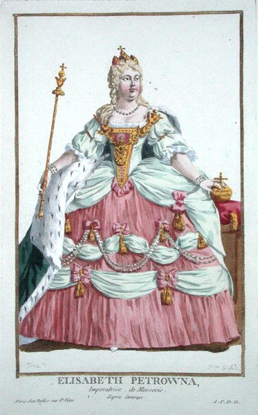 إليزابيث بتروفنا (1709-62) إمبراطورة روسيا (1741-62) من "Receuil des Estampes ، التي تمثل الرتب والكرامات ، بعد أزياء جميع الدول الموجودة" ، نشرت عام 1780 (نقش ملون يدويًا) بواسطة بيير دوفلوس