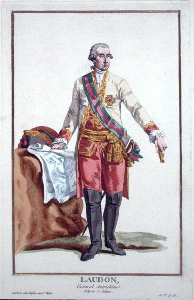 الجنرال لودون (1717-90) من "Receuil des Estampes ، يمثل الرتب والكرامات ، بعد زي جميع الأمم الموجودة" ، نُشر عام 1780 (نقش ملون يدويًا) بواسطة بيير دوفلوس