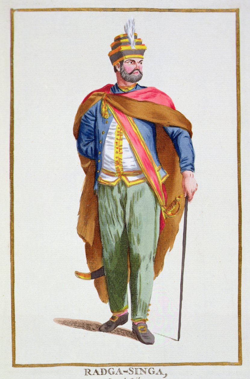 Raja-Singa ملك سيلان من "Receuil des Estampes ، ممثلو les Rangs et les Dignites ، après le Costume de tous les Nations Extant" ، نُشر عام 1780 (نقش ملون يدويًا) بواسطة بيير دوفلوس