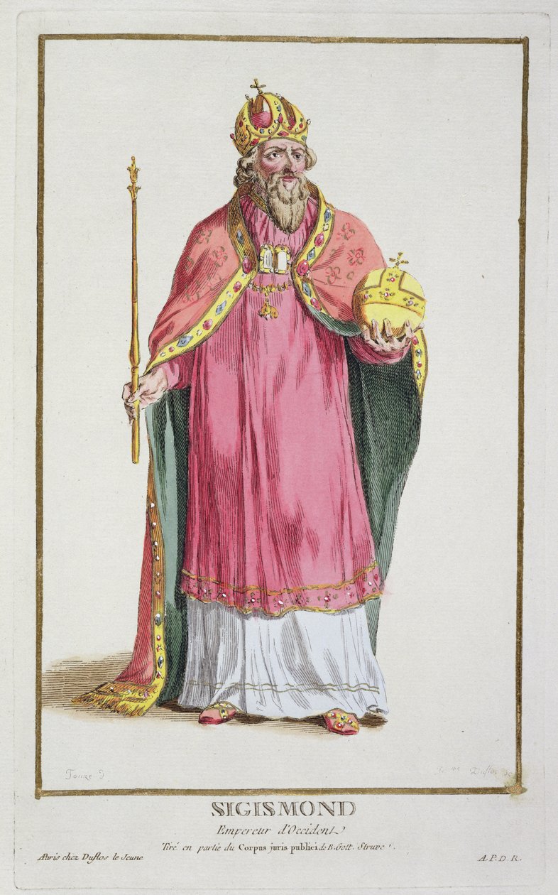 Sigismund (1368-1437) الإمبراطور الروماني المقدس (1433-1437) من "مجموعة المطبوعات التي تمثل الرتب والكرامات ، وفقًا لزي جميع الأمم الموجودة" ، تم نشره عام 1780 (ألوان يدوية) بواسطة بيير دوفلوس