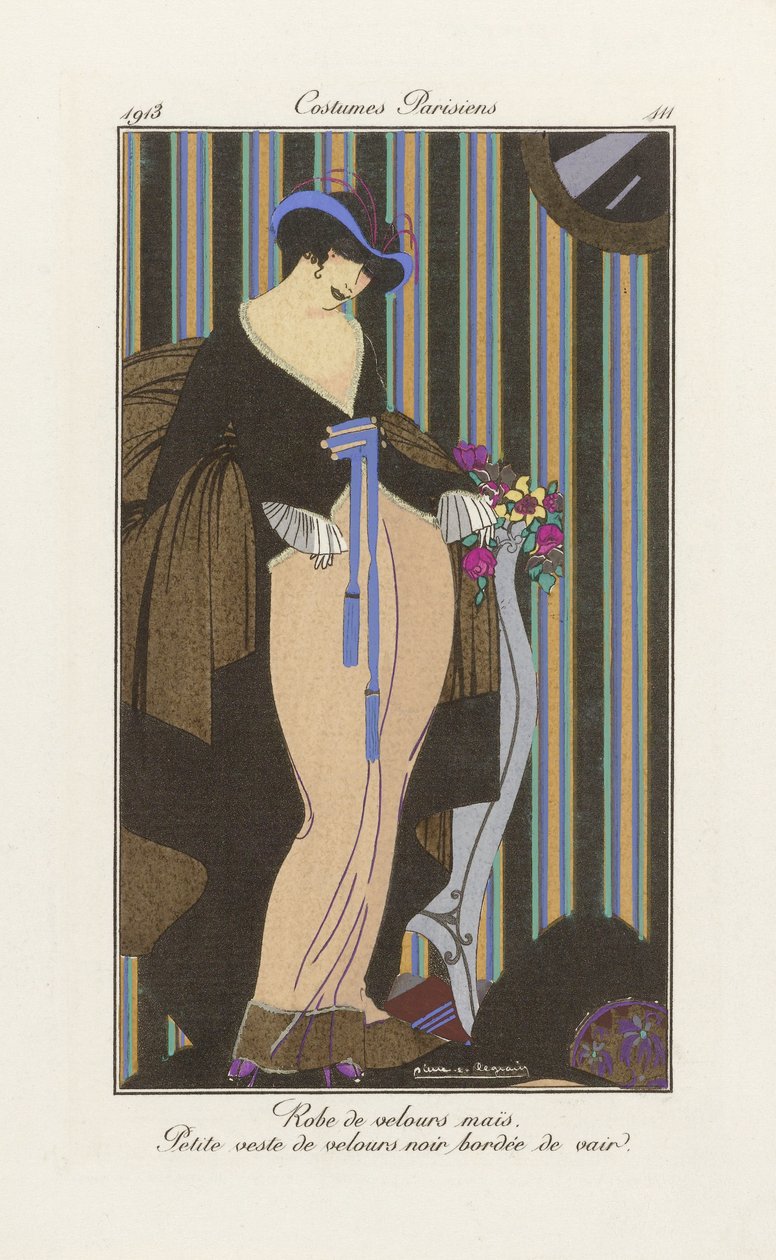 تصميم فستان مخملي ، من Costumes Parisien ، سنة 1913 (pochoir Print) بواسطة بيير إي ليغرين
