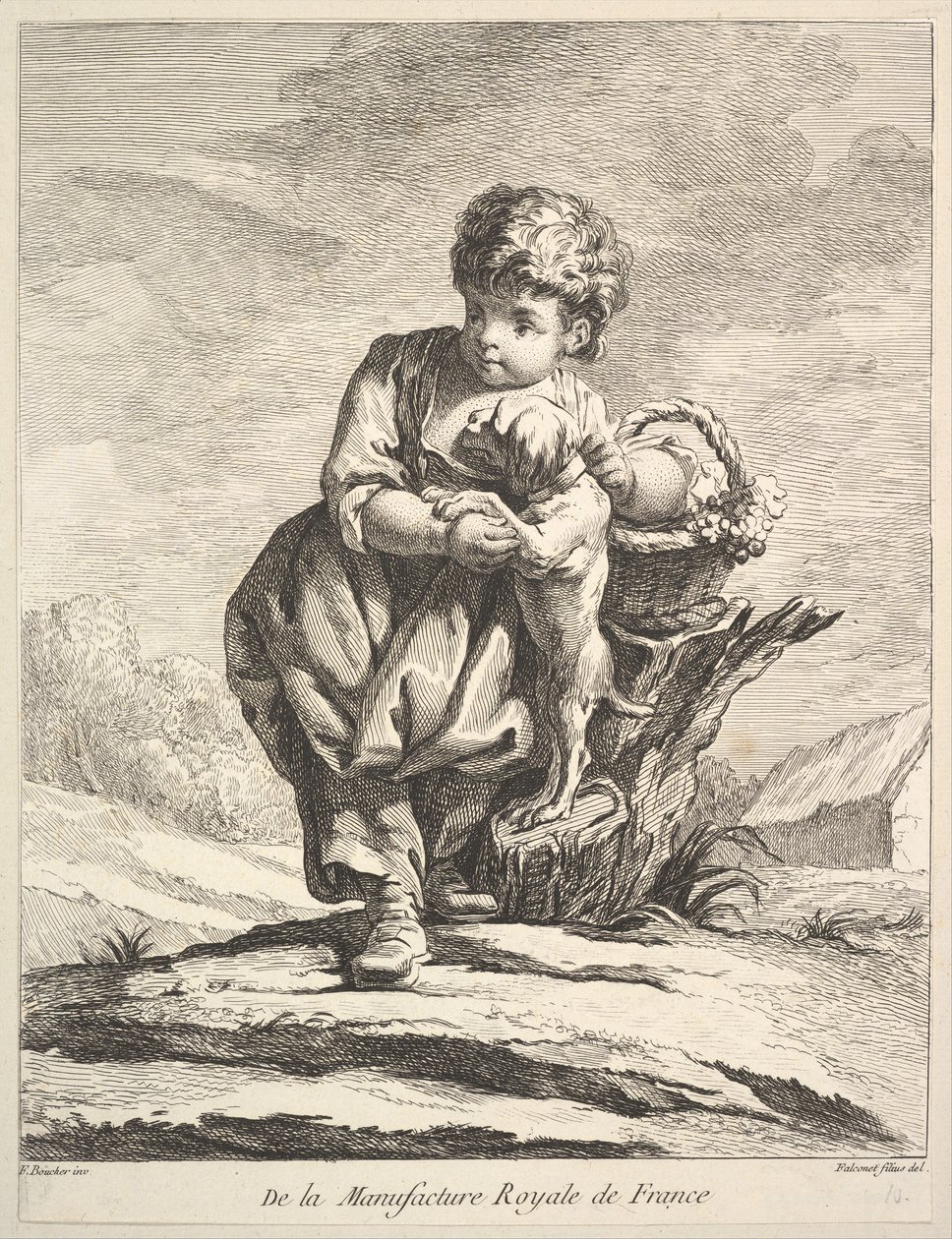 طفل مع كلب يحمل سلة من العنب من Premier Livre de Figures daprès les po ...، 1757. بواسطة بيير إتيان فالكونيت