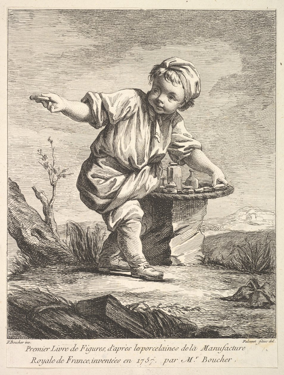 صورة في الواجهة مع صبي صغير يحمل سلة ، من Premier Livre de Figures daprès les po ... ، 1757. بواسطة بيير إتيان فالكونيت