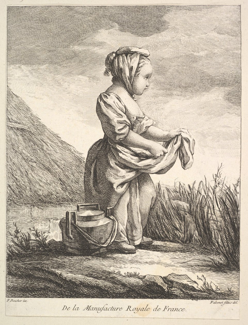 فتاة صغيرة تحمل وعاءًا من قدميها ، من Premier Livre de Figures daprès les porcelain ... ، 1757. بواسطة بيير إتيان فالكونيت