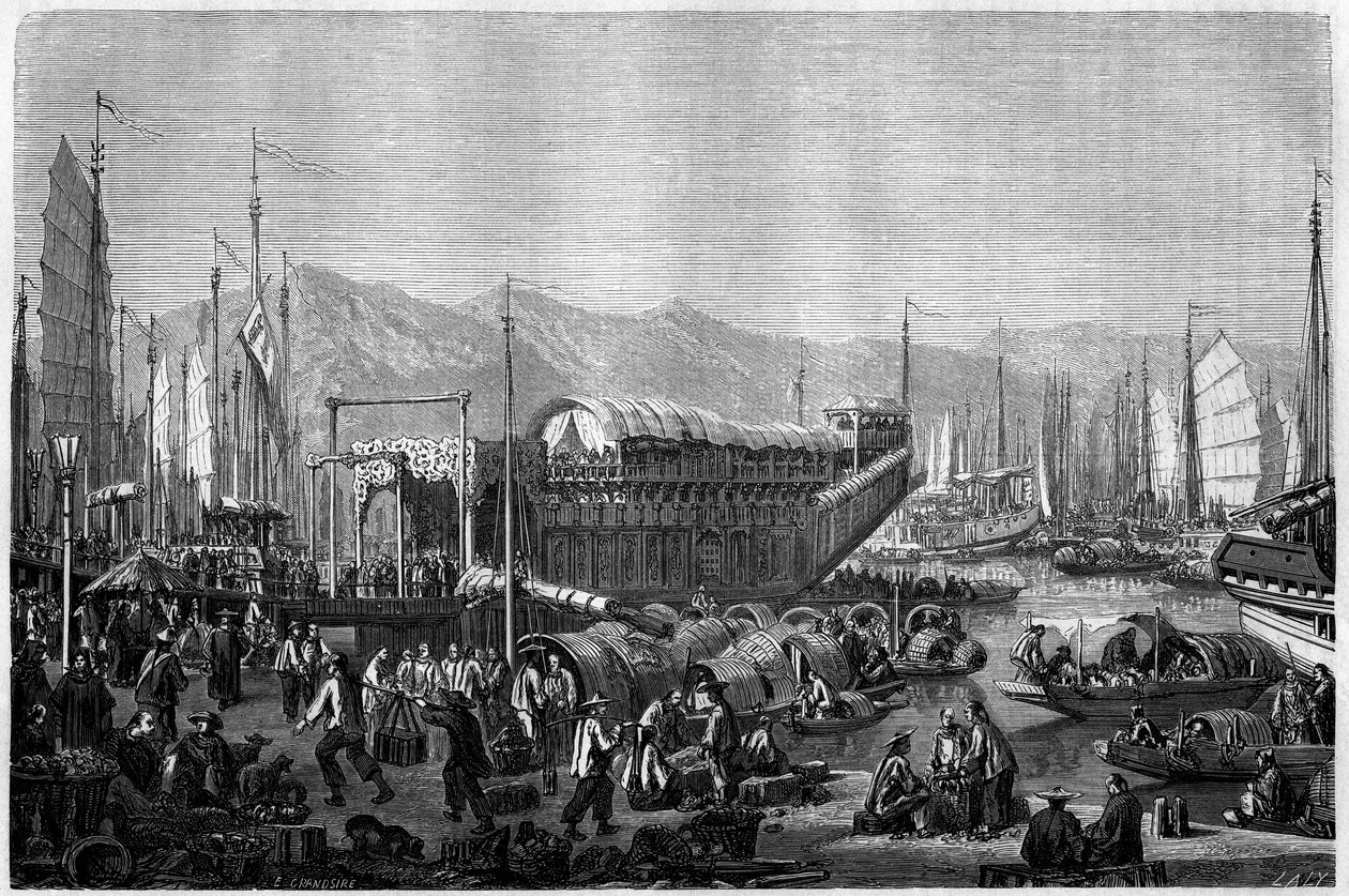 Boat des Fleurs ، مطعم ومكان للتسلية في ميناء شنغهاي عام 1860 ، الصين. نقش بواسطة Grandsire ، في "" Le Tour du Monde ، Nouveau journal des Voyages "، تحرير إدوارد شارتون ، باريس بواسطة بيير يوجين Grandsire