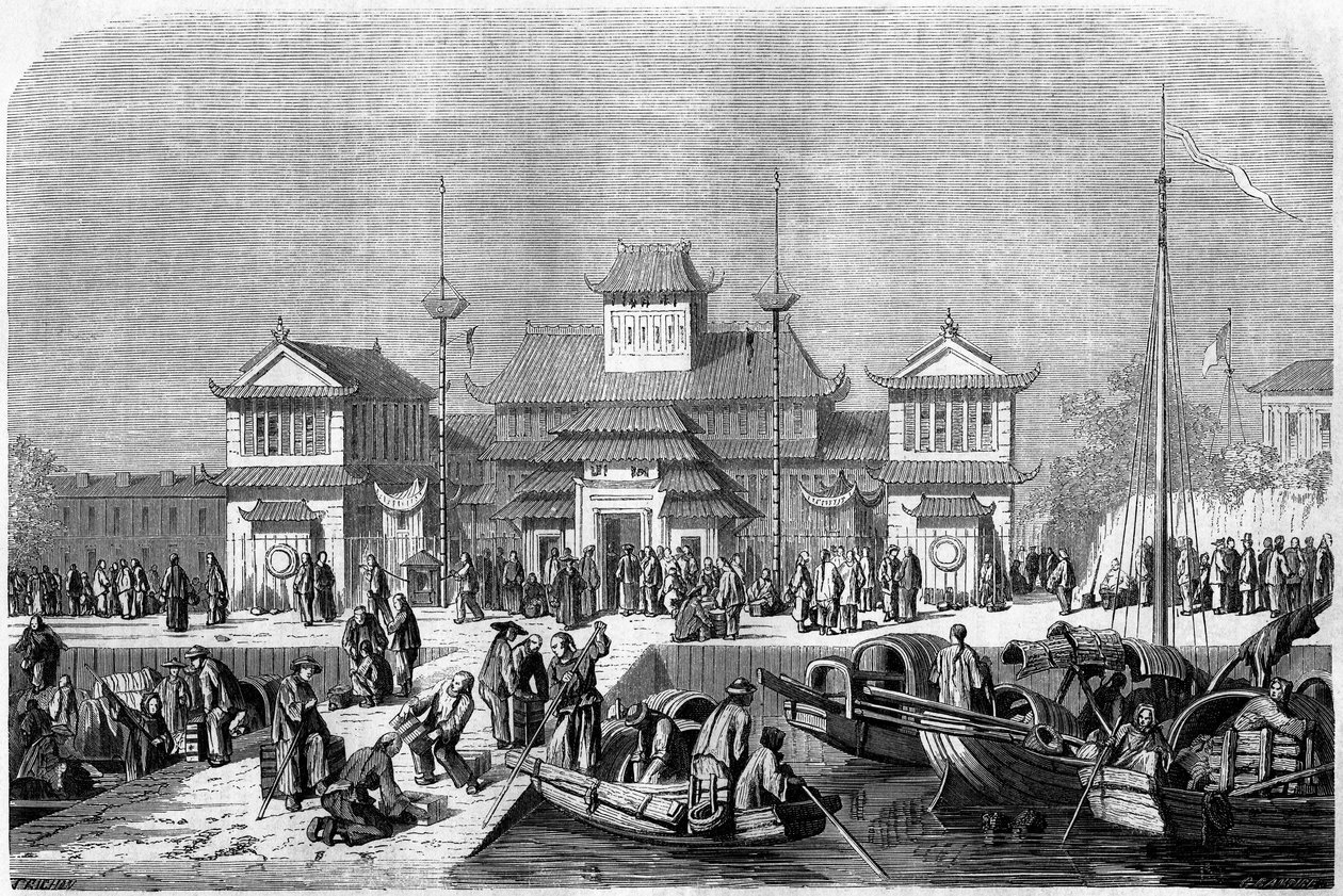منظر جمركي في ميناء شنغهاي عام 1860 ، الصين. نقش بواسطة Grandsire ، في "" Le Tour du Monde، Nouveau journal des Voyages "" ، تحرير إدوارد شارتون ، باريس بواسطة بيير يوجين Grandsire