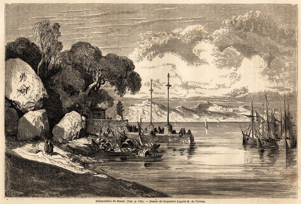 باركاديري دي ماكاو ، رسمه Grandsire لتوضيح رحلة إم دي موجي إلى الصين واليابان ، في 1857-1858. نقش في "" حول العالم ، مجلة سفر جديدة "" باريس بواسطة بيير يوجين Grandsire