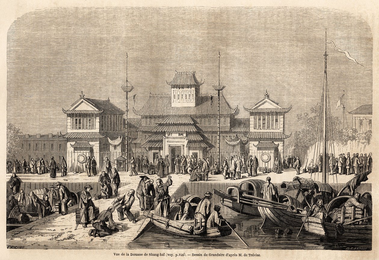 مبنى جمارك شنغهاي ، رسمه Grandsire ، لتوضيح رحلة ماركيز دي موجيس إلى الصين واليابان ، في 1857-1858. نقش في "" حول العالم ، مجلة سفر جديدة "" باريس بواسطة بيير يوجين Grandsire