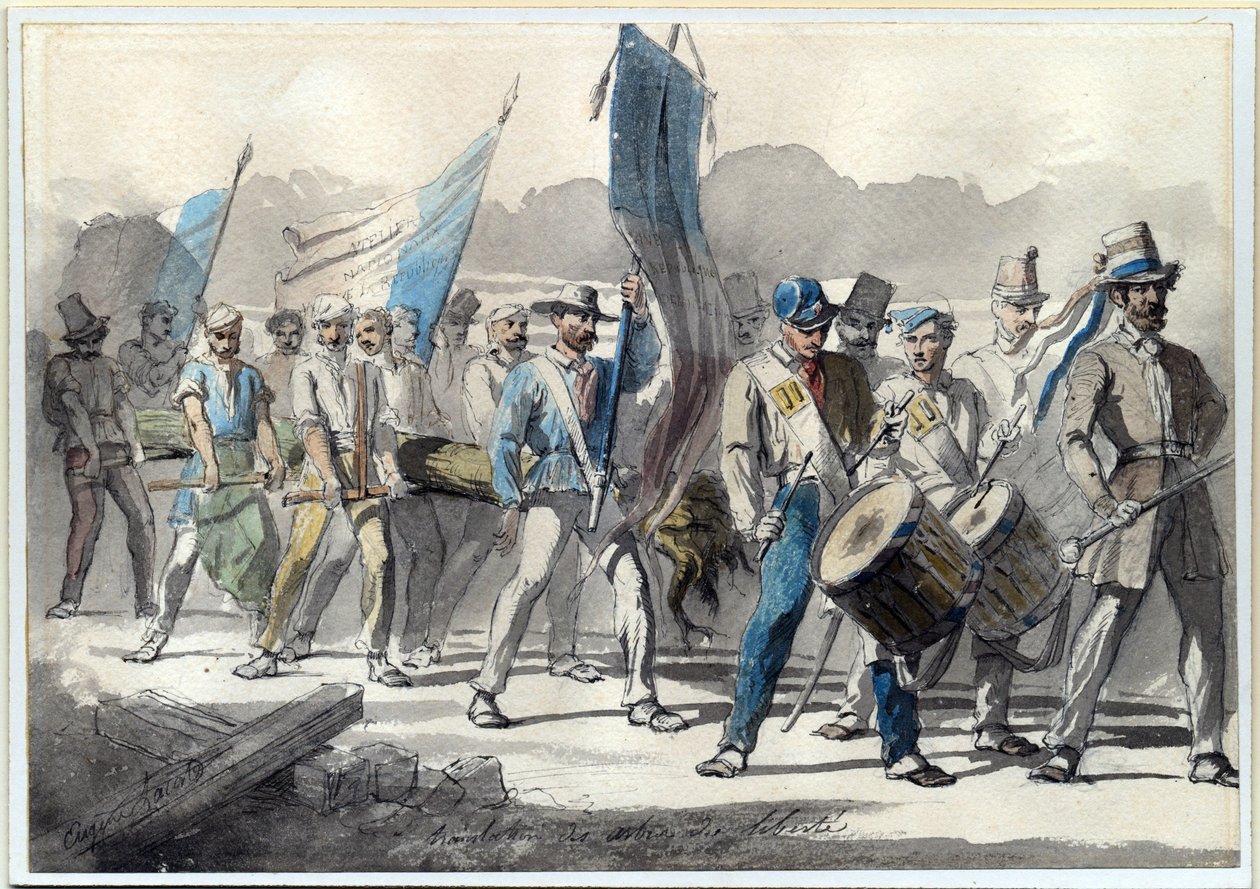"" زرع شجرة الحرية في فرنسا عام 1848 "(زراعة شجرة الحرية في فرنسا عام 1848) لوحة مائية بقلم بيير يوجين لاكوست (1818-1908) 1848 Dim 24x34 cm مجموعة خاصة بواسطة بيير يوجين لاكوست