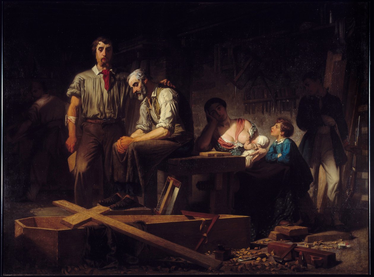 ثورة 1848: "" أول عمل بعد انتفاضة فبراير 1848 "" حزن عائلات الضحايا الذين ماتوا في أيام فبراير 1848. لوحة لبيير يوجين لاكوست (1818-1908) 1850 شمس. 2.7x3.66 م مرسيليا، متحف الفنون الجميلة. بواسطة بيير يوجين لاكوست
