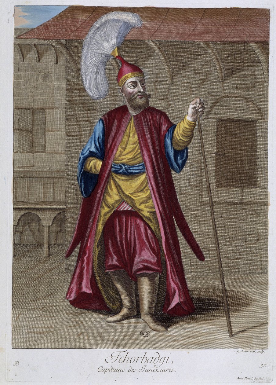 تكوربادجي ، نقيب الإنكشارية ، "" مجموعة من 100 طبعة تمثل أمم مختلفة من بلاد الشام في عامي 1707 و 1708 "بأوامر من م. دي فريول ، سفير الملك في الباب العالي وتم تحديثها في 1712-1713 من خلال الرعاية من M. Le Hay، Basan en بواسطة بيير فرانسوا باسان