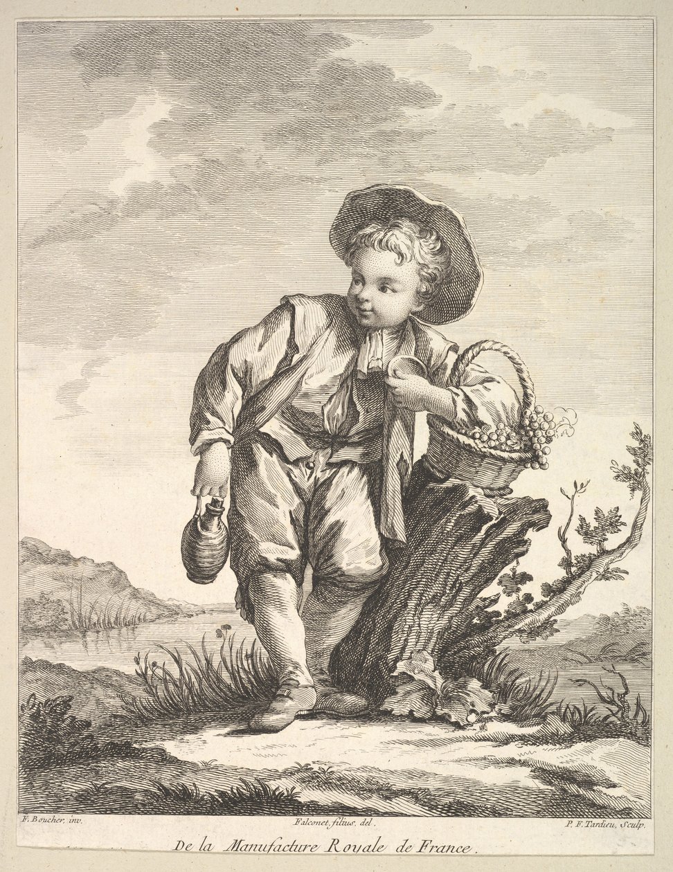 طفل صغير يحمل سلة من العنب ، من الكتاب الثاني للأرقام بعد عام 1757. بواسطة بيير فرانسوا تارديو