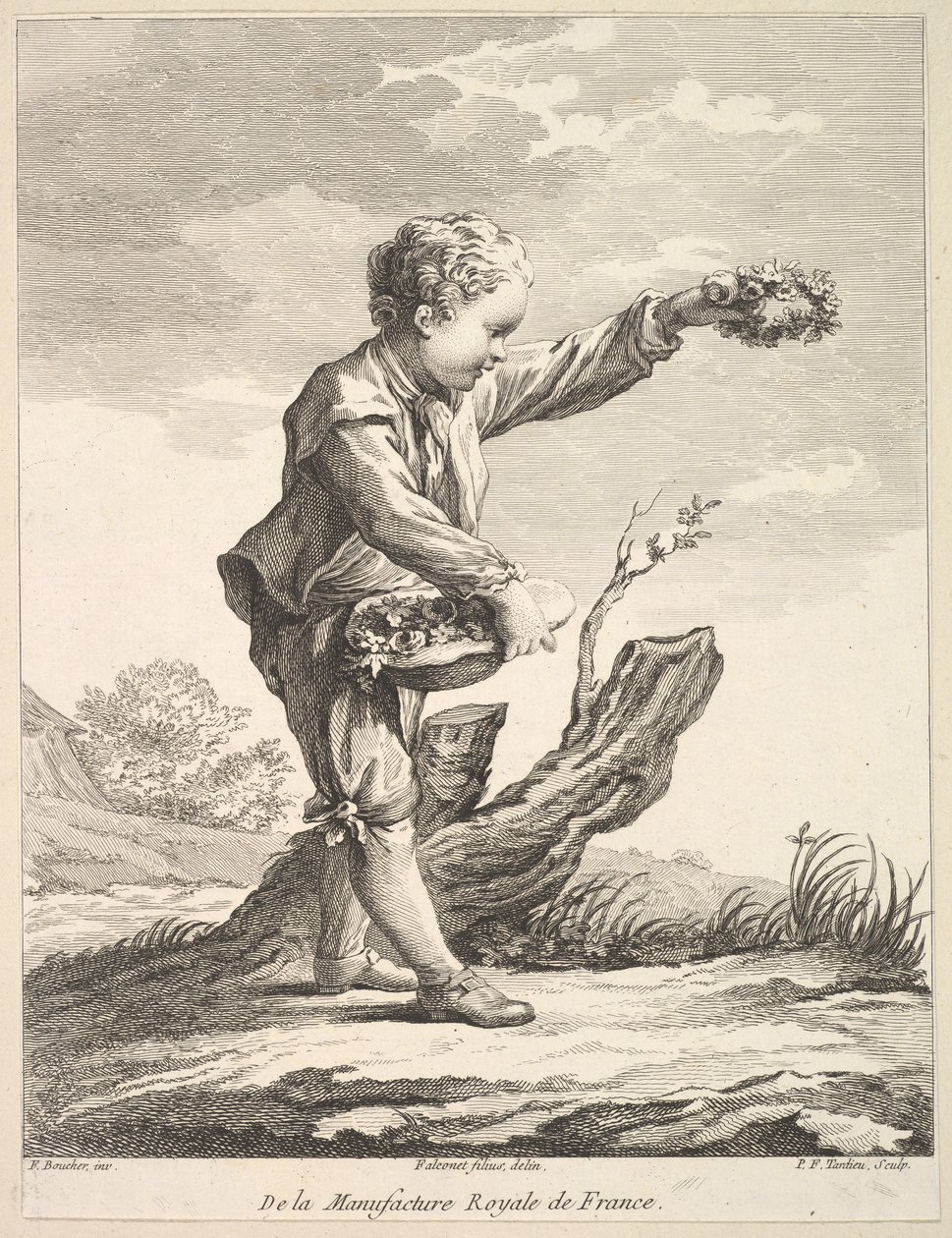 طفل صغير يحمل إكليلًا من الزهور وسلة من الزهور ، من Deuxième Livre de Figures d '... ، بعد عام 1757. بواسطة بيير فرانسوا تارديو