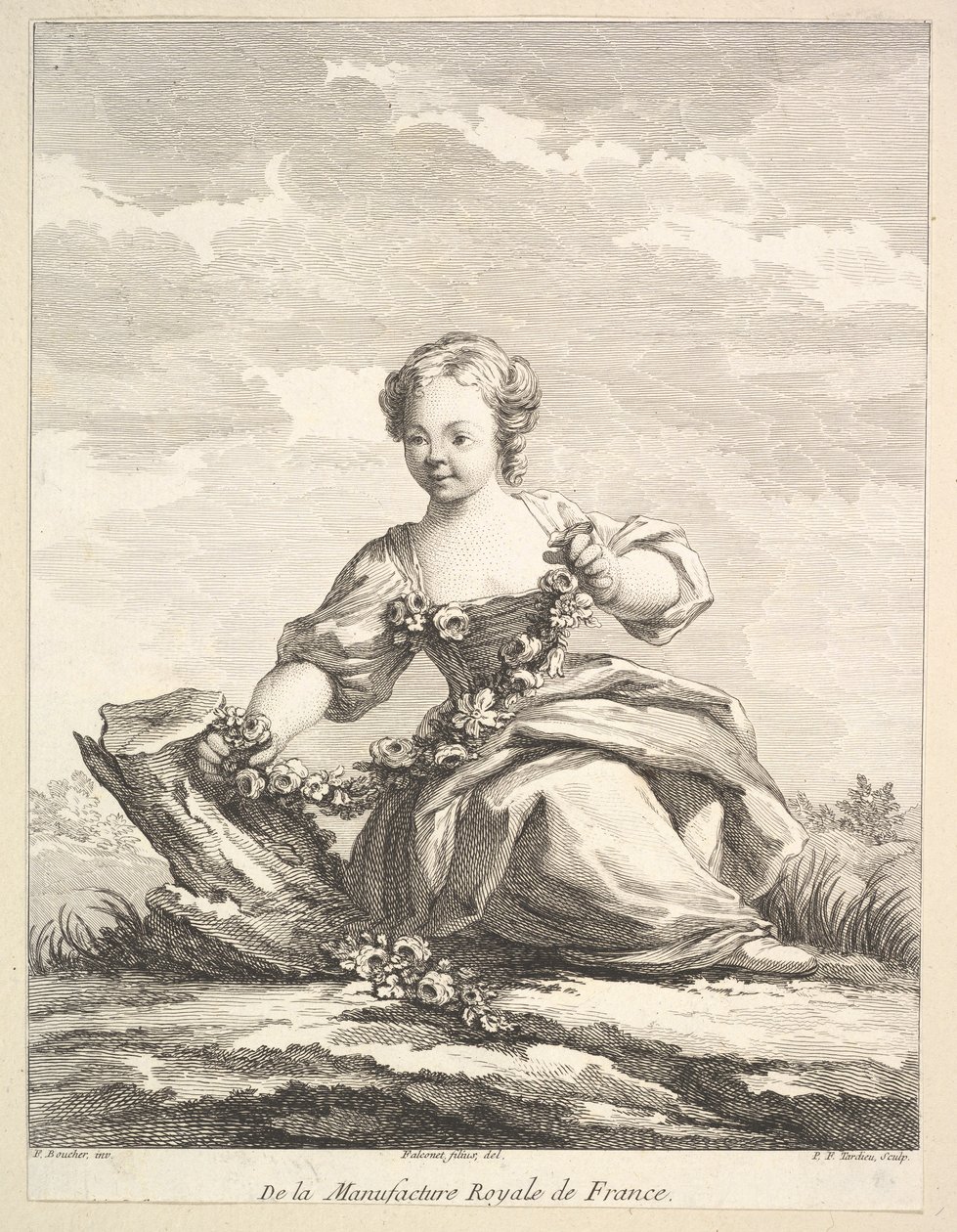 فتاة صغيرة تحمل إكليل من الزهور ، من الكتاب الثاني للأرقام بعد عام 1757. بواسطة بيير فرانسوا تارديو