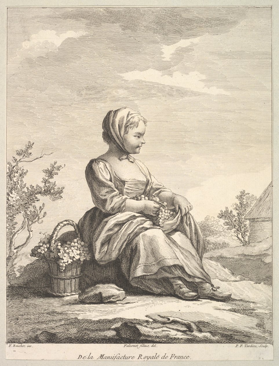 فتاة صغيرة تحمل عنبًا بجانبها سلة من Deuxième Livre de ... ، بعد عام 1757. بواسطة بيير فرانسوا تارديو