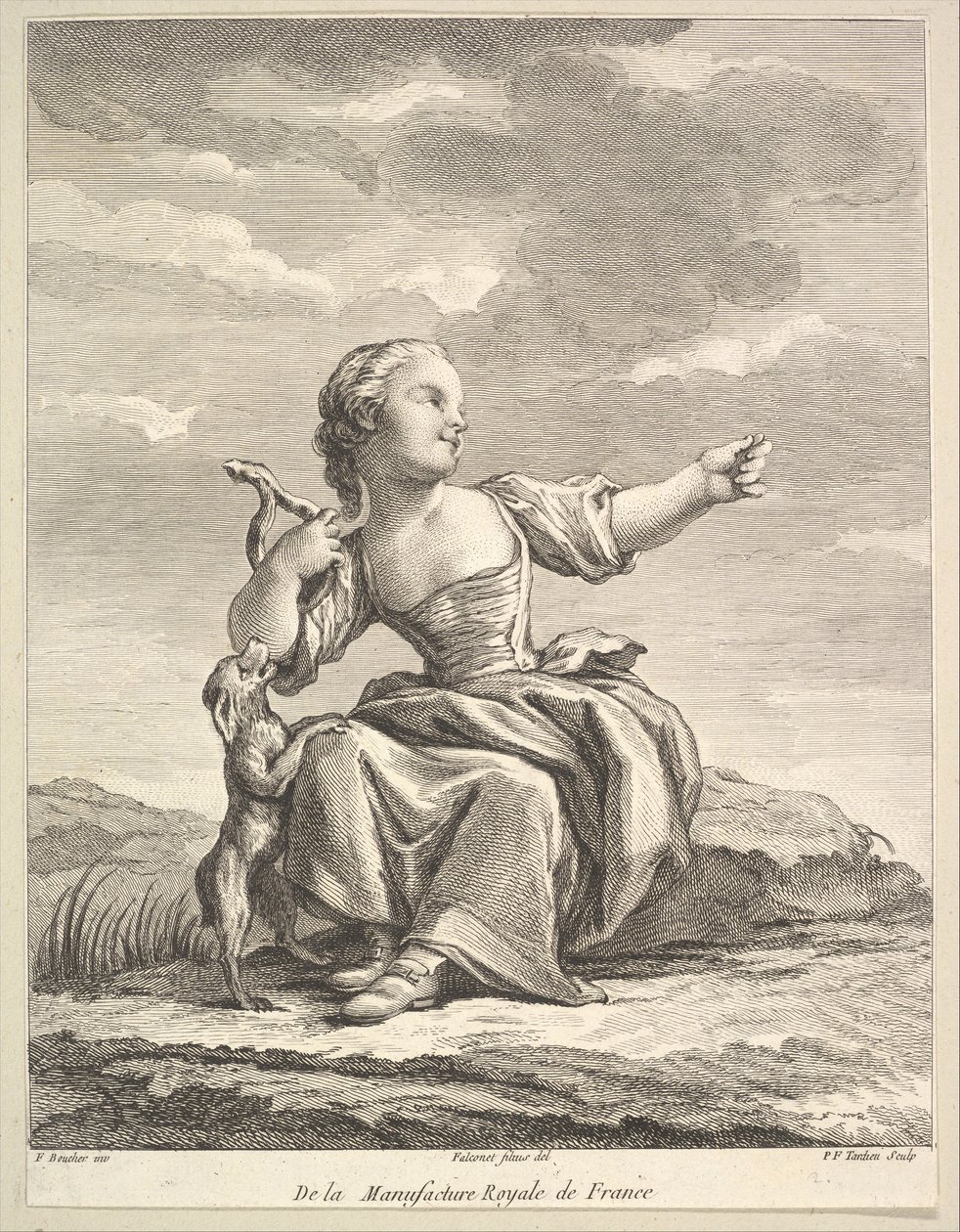 طفلة صغيرة تلعب مع كلب ، من الكتاب الثاني للأرقام بعد الخزف ... ، بعد 1757. بواسطة بيير فرانسوا تارديو