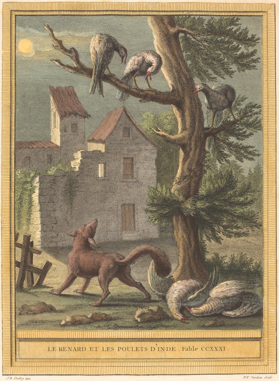 Le renard et les poulets d'Inde (الثعلب والدجاج من الهند) بواسطة بيير فرانسوا تارديو بعد جان بابتيست أودري