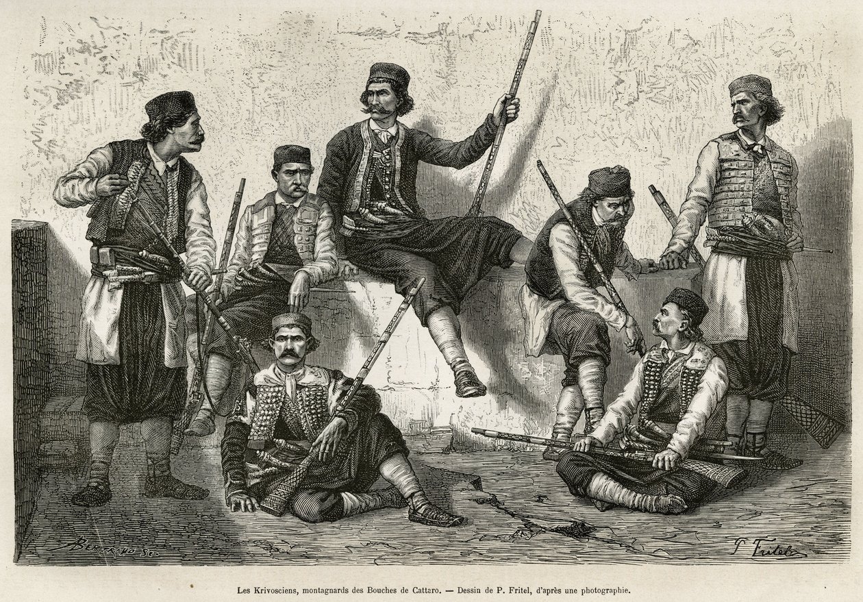 إن Krivoscians ، متسلقو الجبال من Bouches de Cattaro (أو Kotor ، خليج على الساحل المحيط للجبل الأسود) ، أسلحة لمقاومة قوة التعدي في القوات النمساوية. نقش بعد رسم بي فريتيل ، لتوضيح الرحلة إلى دالماتيا ، بقلم سي بواسطة بيير فريتيل