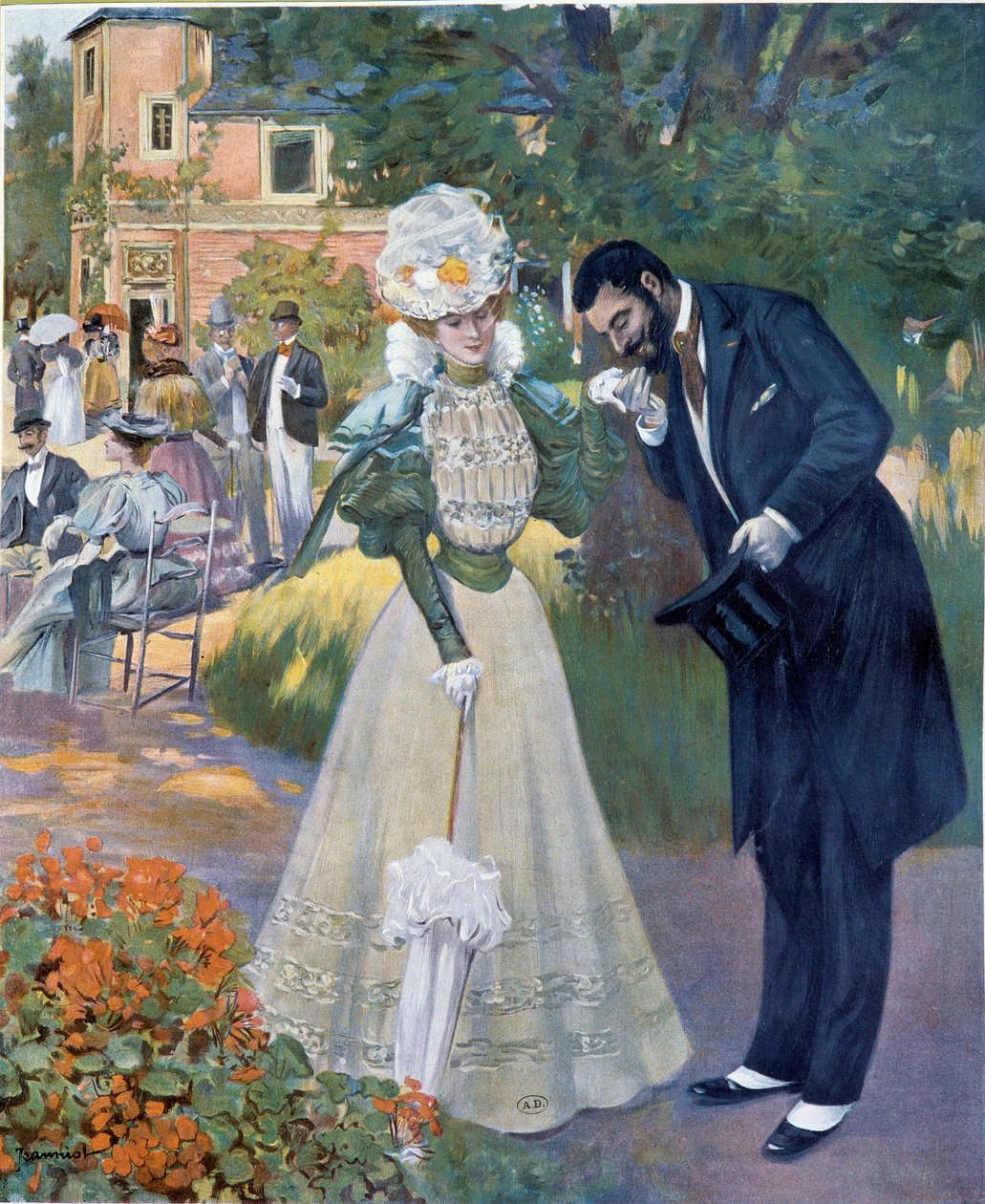 Belle epoque: "جنس اليد": رجل يحيي امرأة في حفل استقبال. رسم توضيحي لجينيوت لـ "Le Figaro illustrious" "بداية القرن العشرين في باريس ، الفنون الزخرفية بواسطة بيير جورج جينيوت