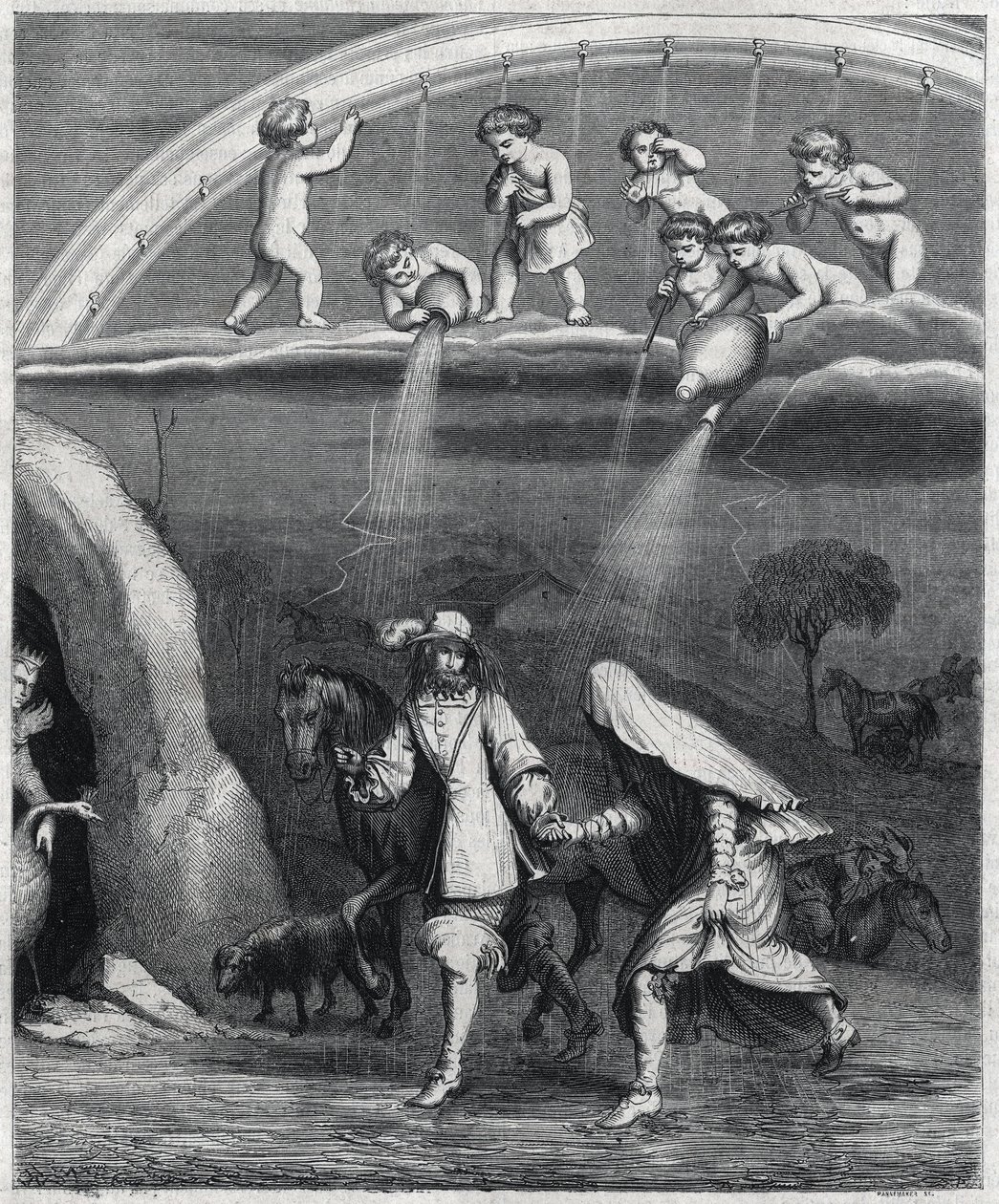 تفاجأ إيني وديدون بالمطر في الغابة. رسم توضيحي لـ "" Virgil transvestite "بقلم Paul Scarron (1610-1660) ، محاكاة ساخرة لـ" L'Eneide ". نقش ستال. بواسطة بيير جوستاف يوجين ستال