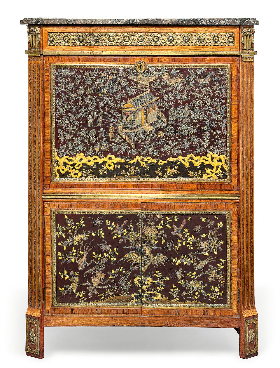 Louis XVI Secretaire a Abbatant ، أواخر القرن الثامن عشر (الرخام ، الجلد ، خشب الكينج وود المركب ، خشب التوليب ، قطيفة ، ورنيش صيني مرصع بعرق اللؤلؤ ، واليابان) (انظر أيضًا 3479849) بواسطة بيير هاري ميوزين