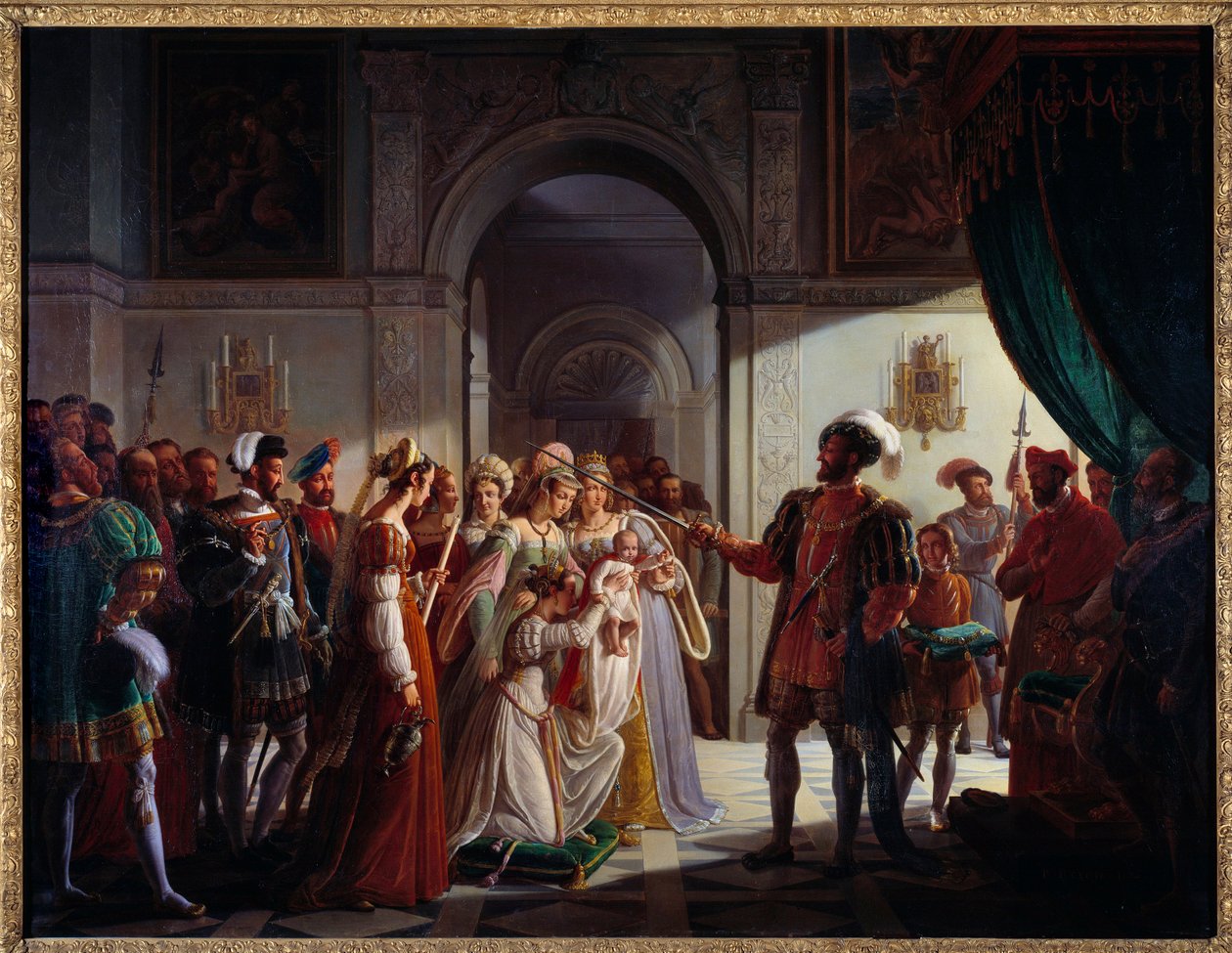 قام فرانسوا الأول (1494-1547) بتسليح الفارس حفيده فرانسوا الثاني (1544-1560). يرافق الأمير الشاب والديه هنري الثاني (1519-1559) وكاثرين دي ميديشي (كاترينا دي ميديشي) (1519-1589). لوحة بيير هنري ريفيل (1776-1842) بواسطة بيير هنري ريفيل