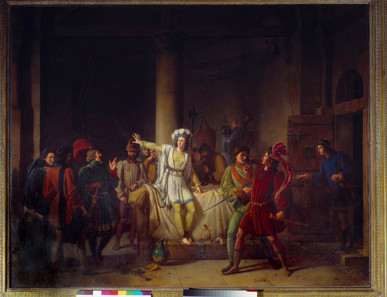 حرب المائة عام: "" جوان دارك (1412-1431) في سجنها في روان "" في عام 1431 ، سُجنت جان دارك ، متهمة بالهرطقة ، في زنزانة قلعة فيليب أوغست في روان. لوحة لبيير هنري ريفيل (1776-1842) من القرن التاسع عشر متحف روان ديس ب بواسطة بيير هنري ريفيل