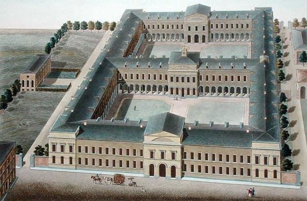 Hospice at Brussels ، من "اختيار أفضل المعالم الأثرية ، الصروح والمنازل في مملكة هولندا" بقلم بيير جاك جوتغبور ، نقش بواسطة HLF Partoes ، نُشر عام 1827 (مائي) بواسطة بيير جاك (بعد) جوتغبور