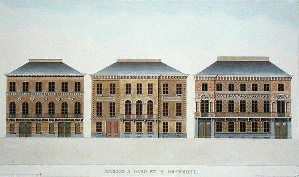منازل في Ghent and Grammont ، بلجيكا ، من "اختيار أفضل المعالم الأثرية ، الصروح والمنازل في مملكة هولندا" بقلم بيير جاك جوتغبور ، نُشر عام 1827 (أكواتينت) بواسطة بيير جاك (بعد) جوتغبور