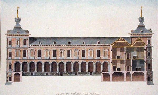 المقطع العرضي لشاتو في رونس ، بلجيكا ، من "اختيار المعالم الأثرية الأكثر روعة ، الصروح والمنازل في مملكة هولندا" بقلم بيير جاك جوتغبور ، نُشر عام 1827 (أكواتينت) (انظر أيضًا 186086) بواسطة بيير جاك جوتجيبور