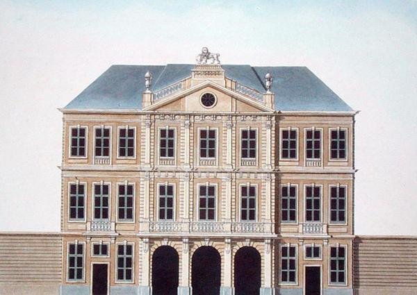 فندق de l'Octroi في Ghent ، من "اختيار المعالم الأثرية والمباني والمنازل الأكثر شهرة في مملكة هولندا" بقلم بيير جاك جوتغبور ، تم نشره عام 1827 (أكواتينت) بواسطة بيير جاك جوتجيبور