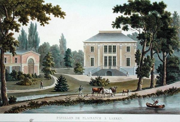 Pavillon de Plaisance at Laeken ، من "اختيار المعالم الأثرية والمباني والمنازل الأكثر شهرة في مملكة هولندا" بقلم بيير جاك جوتغبور ، نُشر عام 1827 (أكواتينت) بواسطة بيير جاك جوتجيبور