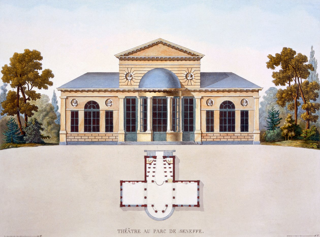 مسرح Château de Seneffe ، من "اختيار أبرز المعالم والمباني والمنازل في مملكة هولندا" ، تم نشره عام 1827 بواسطة بيير جاك جوتجيبور