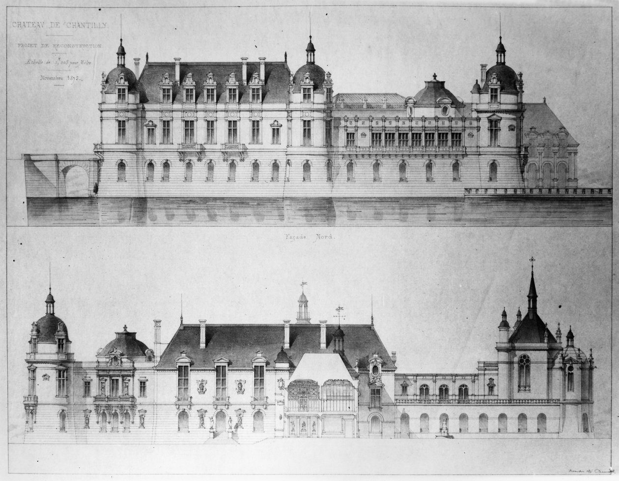 تصميم لإعادة بناء الواجهة الشمالية وواجهة قصر بيتي شاتو دي شاتيللي ، 1875 (قلم رصاص ومرحاض على ورق) (وزن الصورة) بواسطة بيير جيروم أونوريه دوميت