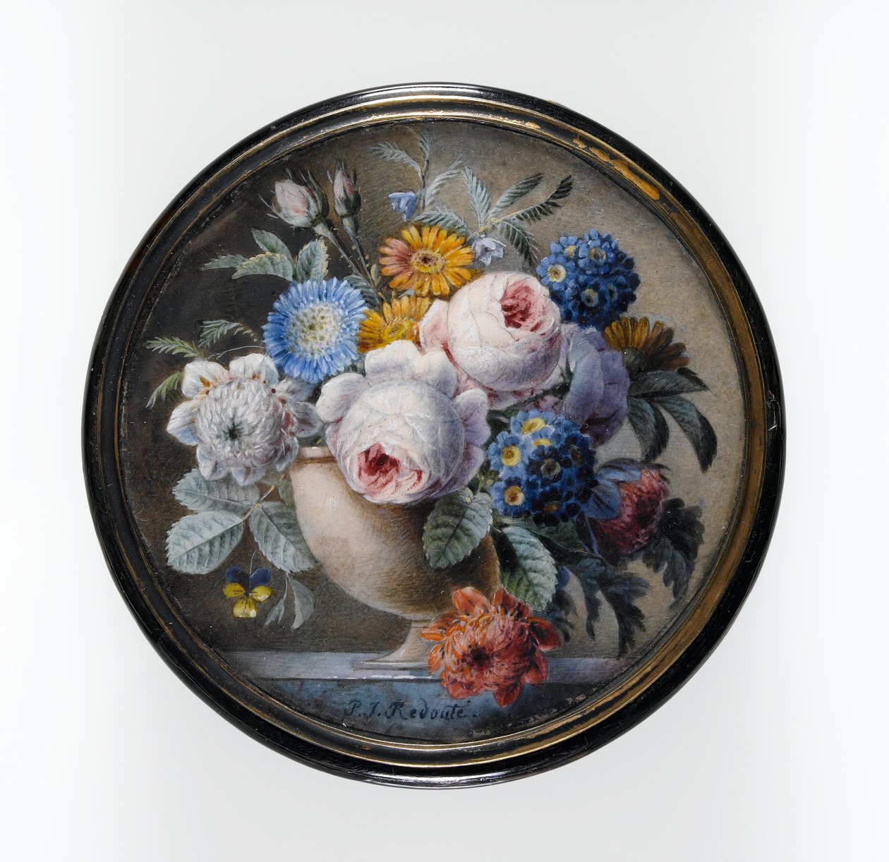 صندوق السلحفاة-شل مع صورة مصغرة من الزهور في إناء من الحجر على لوح رخامي ، 1827 (مرحاض وجسم بلون على بطاقة ، مثبت تحت الزجاج في جبل من المعدن المذهب) بواسطة بيير جوزيف ريدوت