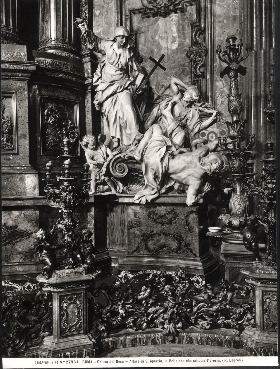 The Altar of St. Ignatius of Loyola, detail of the Victory of Catholic Truth over Heresy (marble) (b/w photo) بواسطة بيير ليجروس