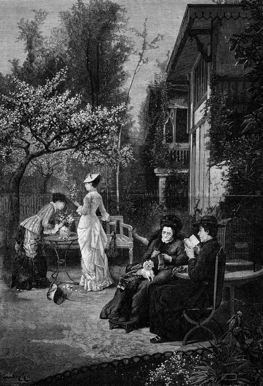 زهور الخوخ (القرن التاسع عشر). نقش بعد لوحة بيير بيل (1838-1902). في "" The Illustrous World "" رقم 1250 بتاريخ 12 مارس بواسطة بيير ماري بيل