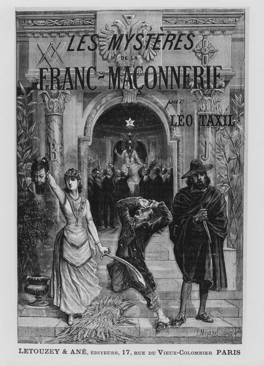 رسم توضيحي للغلاف الأمامي من فيلم "Les Mysteres de la Franc-Maconnerie" من تأليف Leo Taxil بواسطة بيير ميجانيل