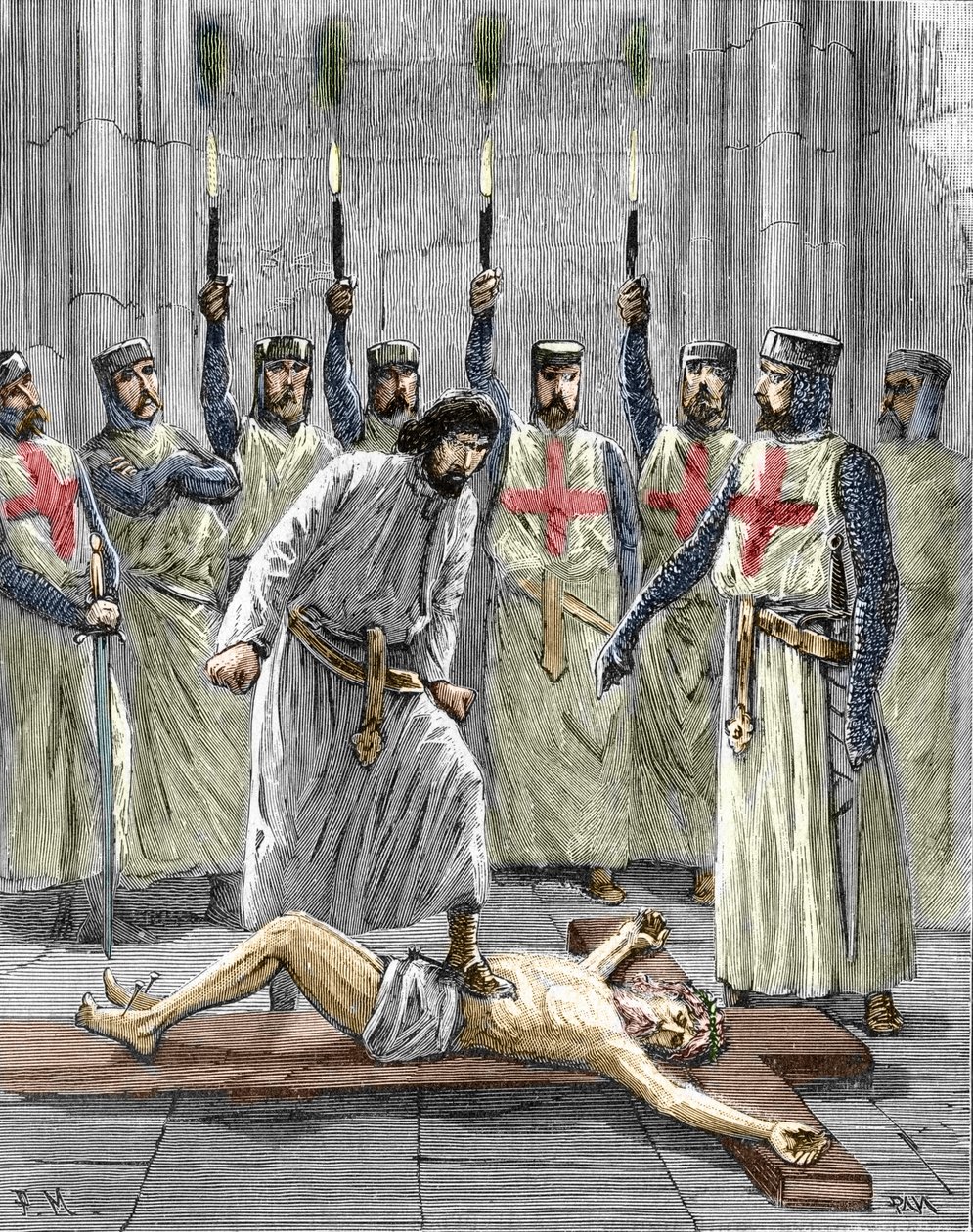 Heresie of the Templars: تمثيل لمراسم دخول فارس إلى ترتيب المعبد ، كون الهيكل ، وفقًا للاعترافات التي نُشرت بعد اعتقالهم ومحاكمتهم عام 1307 ، أُجبروا على إنكار المسيح ودوس الصليب خلال بواسطة بيير ميجانيل