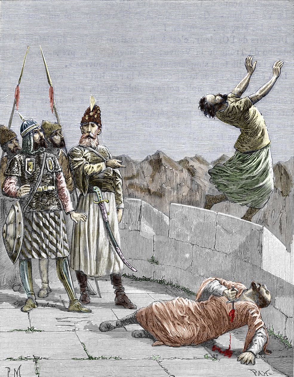 الطائفة الإسماعيلية من الشرق أو القتلة الذين أسسهم حسن بن الصباح (1036-1124) ، المعروف باسم شيخ الجبل ، "الممثل يأمر اثنين من أتباعه المتعصبين بقتل أنفسهم ، ألموت ، بلاد فارس ، حوالي 1096" (الإسماعيلية النزارية: تمثيل حسن بواسطة بيير ميجانيل