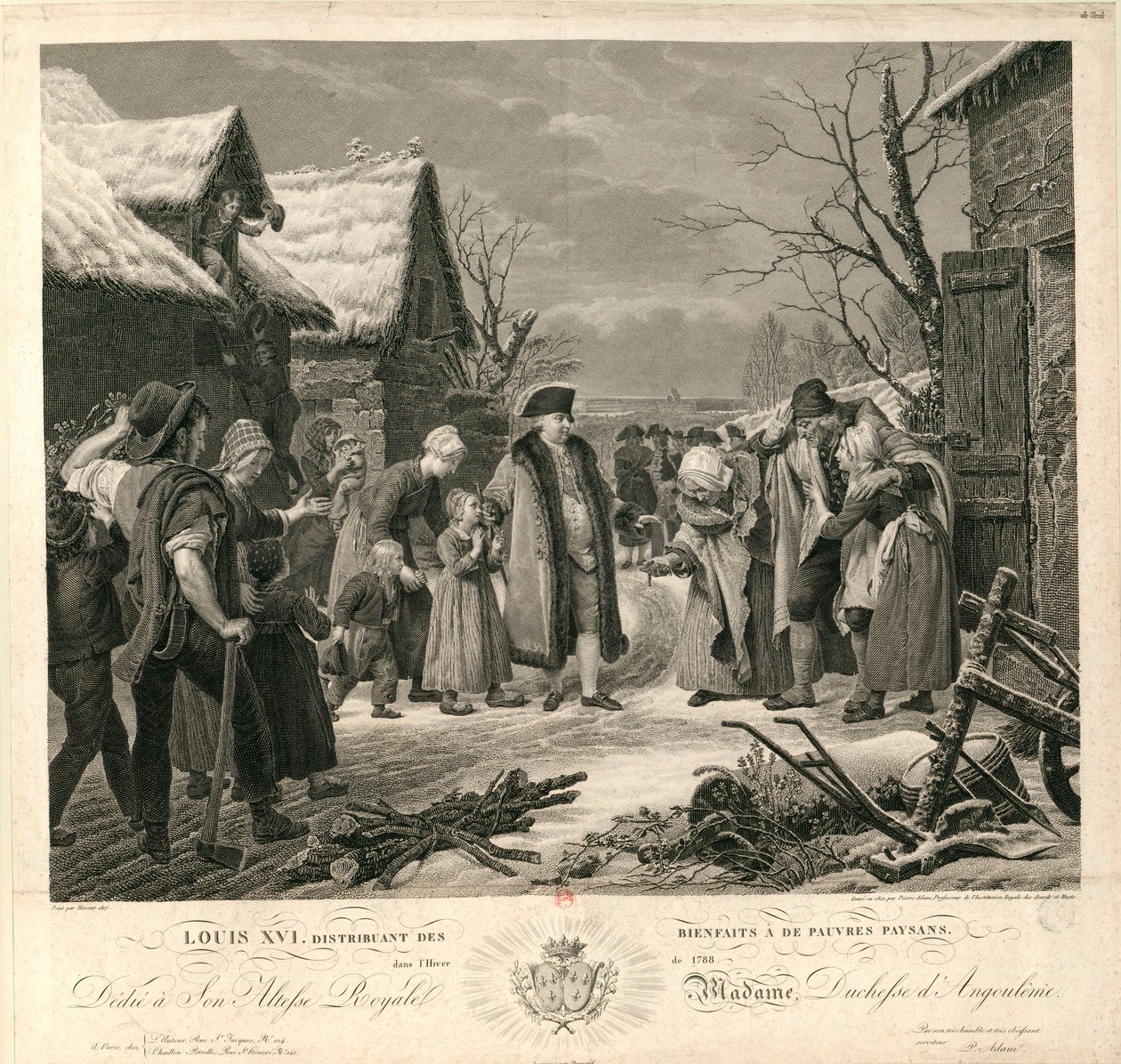 لويس السادس عشر يوزع الصدقات على الفلاحين الفقراء في شتاء 1788 ، ج. 1817. بواسطة بيير ميشيل آدم
