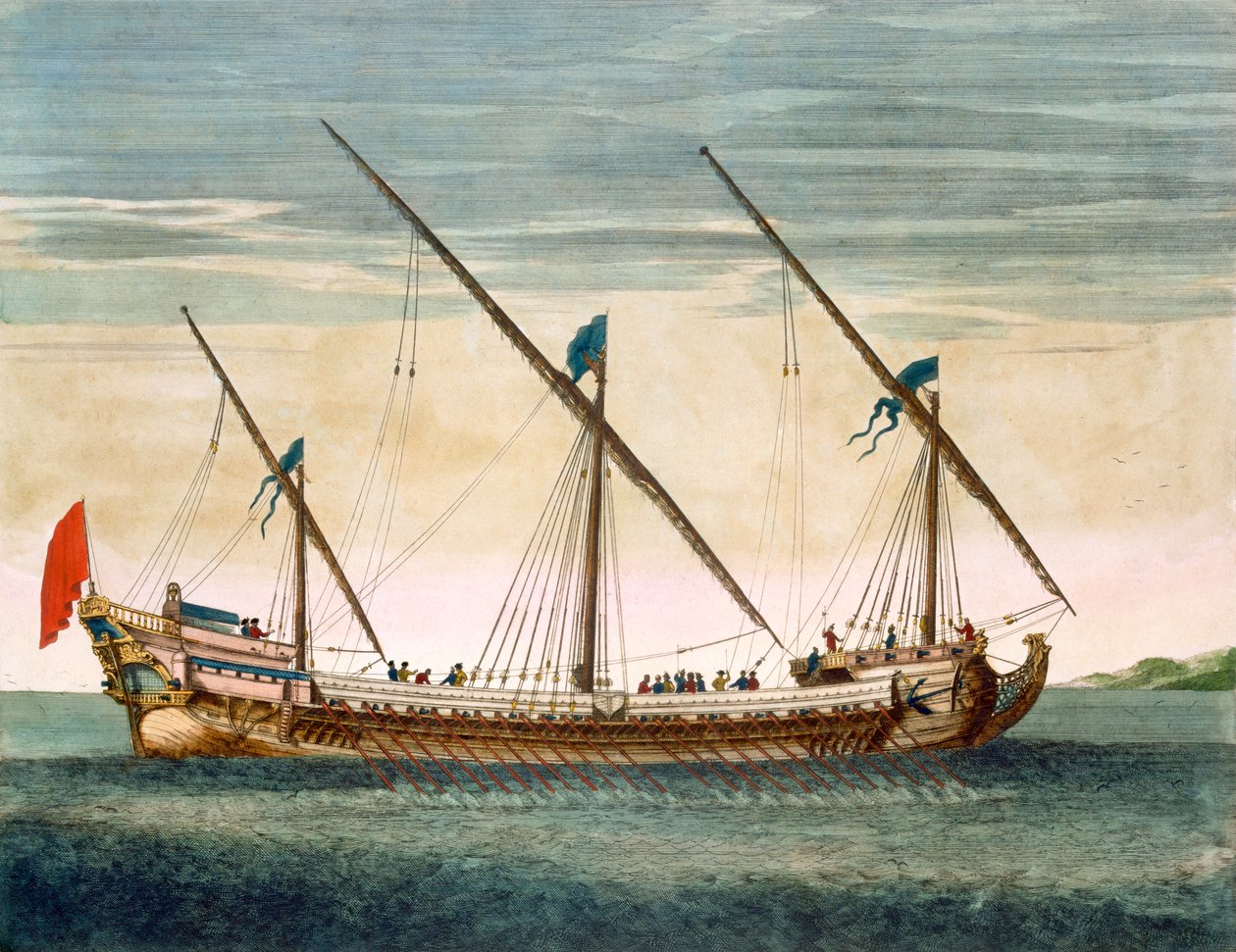 جالياس بثلاث ساري قيد التنفيذ عن طريق المجذاف ، من Le Naptune Francois ، c.1693-1700 (نقش يدوي) بواسطة بيير مورتير