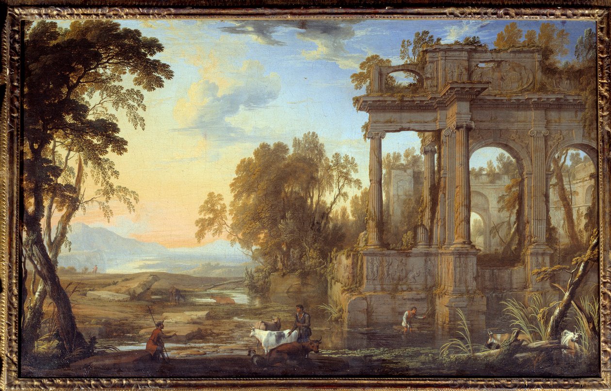 منظر طبيعي مع أطلال ورعاة رسم بيير باتيل بيري (1605-1676) شمس القرن السابع عشر. 0،53x0،83 م بواسطة بيير باتيلز