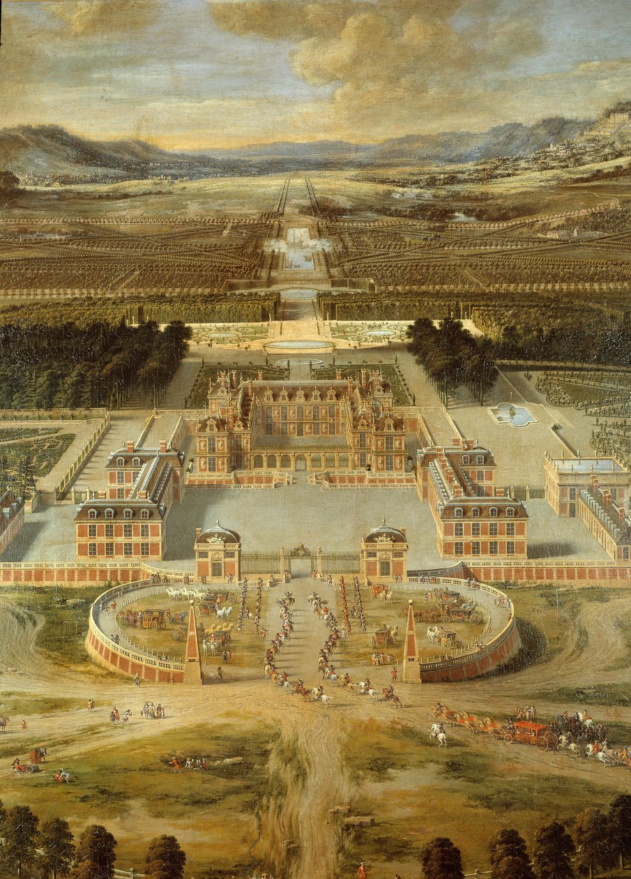 منظر لحدائق قلعة فرساي ، مأخوذة من شارع باريس عام 1668. التفاصيل. اللوحة بواسطة بيير باتل الأب بواسطة بيير باتيلز