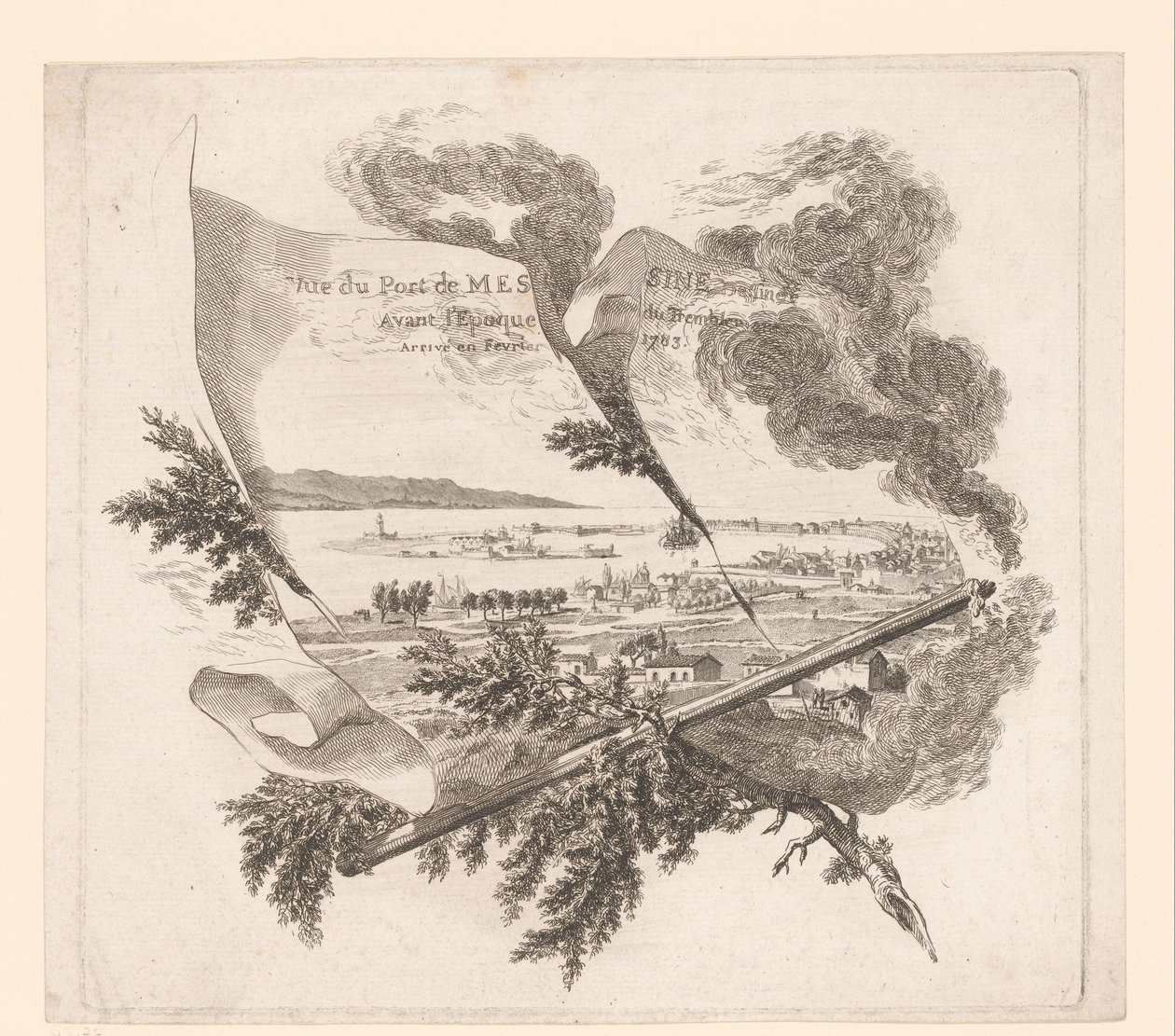 Zicht op de Haven van Messina منظر لميناء ميسينا مرسومة قبل وصول وقت الزلزال في فبراير 1783. (العنوان على الجسم) بواسطة بيير فيليب شوفارد (منسوب إلى)