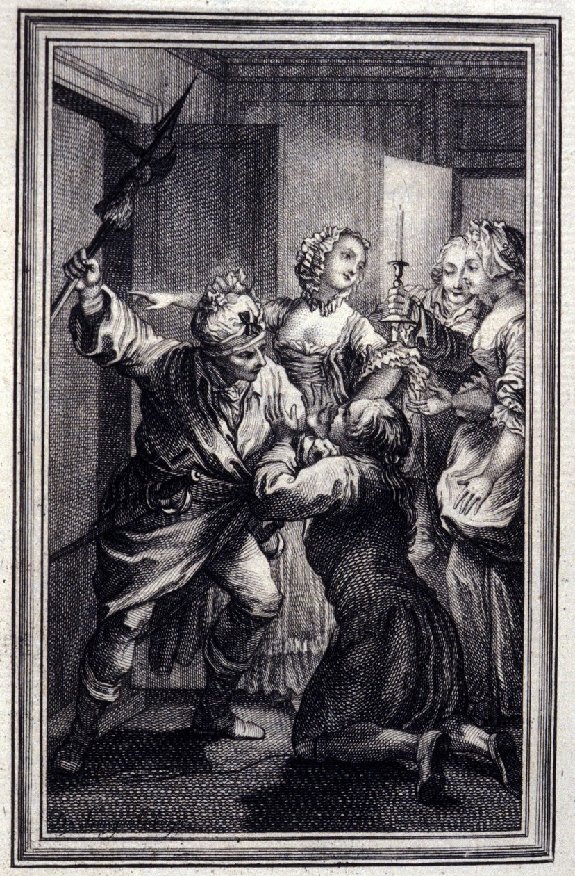 رهان التجار الثلاثة - في "" حكايات وأبيات جديدة "لجين لافونتين. 1776. رسم بي بي شوفارد. بواسطة بيير فيليب شوفارد